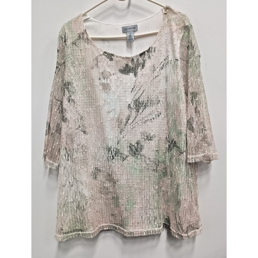Catherines Womens Tunic Top Size 1X Cream Floral Sequin Mesh Overlay Cottagecore